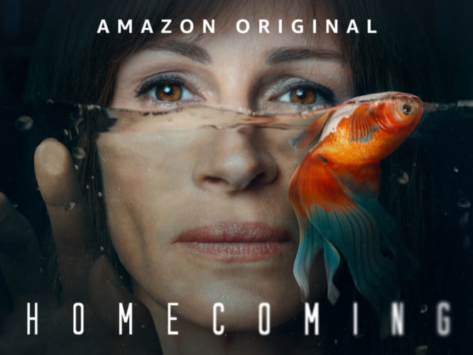 Foto do cartaz da serie Homecoming, rosto da atriz Julia Roberts e uma peixe .