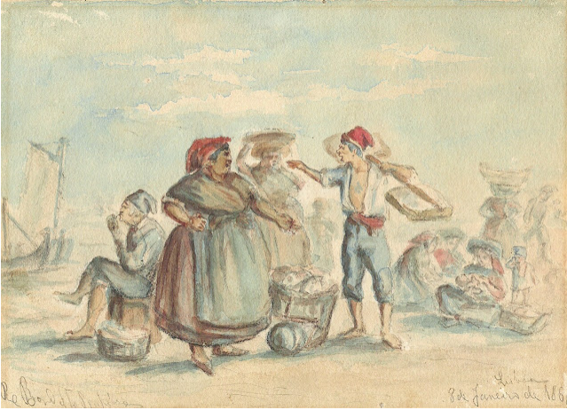 Cena popular ribeirinha com vendedoras de sardinhas, aquarela sobre papel de 1868 por Rafael Bordalo Pinheiro (col. Museu Bordalo Pinheiro, Lisboa)