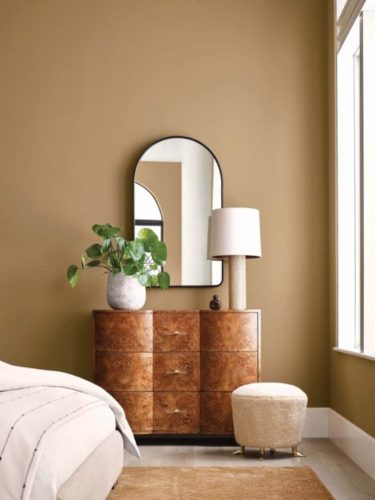 Tons terrosos para as paredes, na foto, uma parede pintada de marrom e uma cômoda em madeira na frete com um vaso de planta, abajur branco e um espelho na parede.