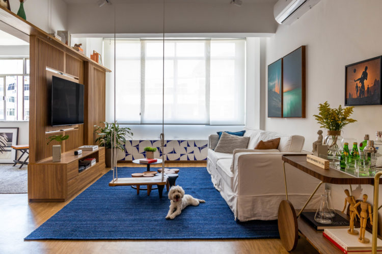 Apartamento em Ipanema com décor leve e jovem, sofá branco, tapete azul e um balanço na sala