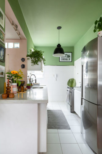 Ambientes molhados: dicas importantes para a pintura de espaços expostos a umidade. Cozinha cm teto e meia parede pintados de verde