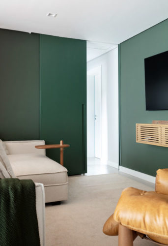 Porta de acesse a área interna do apartamento camuflada pelo pintura em verde, mesma cor da parede.