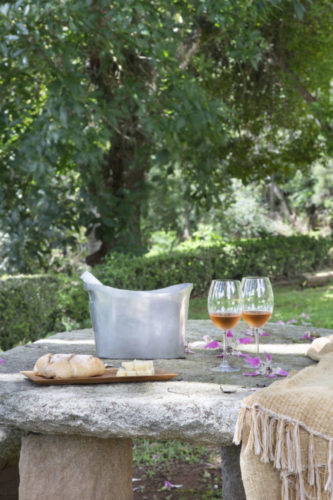 Em uma casa de campo em Teresópolis, uma mesa de pedra no jardim, embaixo de uma arvore, com taças de vinho e queijos em cima.