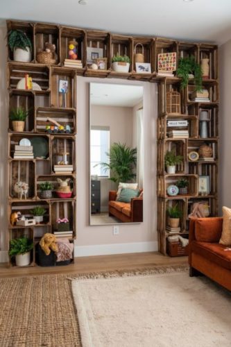 Como aplicar a decoração sustentável na sua casa. Caixas de madeira aplicadas em uma parede, transformam-se em uma estante com nichos. 
