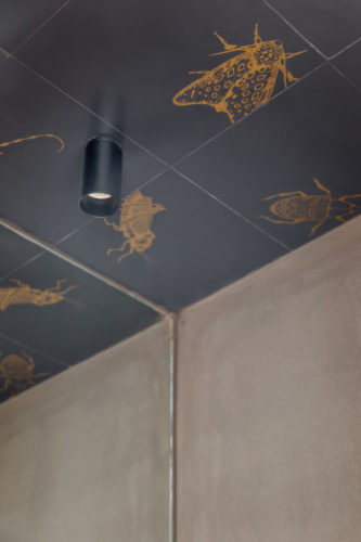 Teto do banheiro revestido de azulejo preto com desenhos de insetos aplicados.