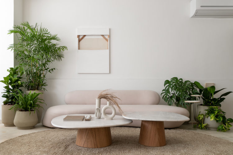 Living decorado em tons claros, sofá curvo branco, mesas de centro com formatos orgânico com pés em madeira e tampo de mármore, plantas ao lado