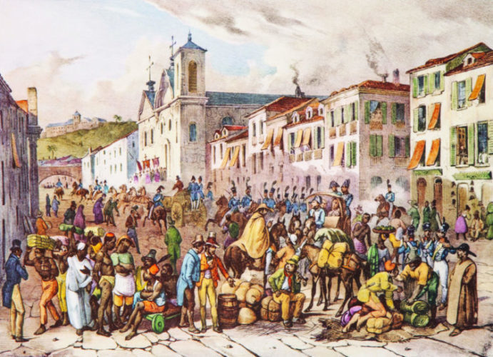 Aqui, Rugendas retratou a agitação da sociedade na principal rua da cidade, a Rua Direita, em 1835. É possível ver escravizados, comerciantes, eclesiásticos, guardas, capangas, ricos e pobres. Tudo junto e misturado.
