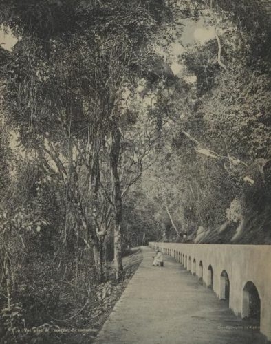 Parte do aqueduto que conduzia as águas do rio Carioca até chegar no núcleo urbano, por dentro da floresta da tijuca (Paineiras). |Foto: Marc Ferrez (1886)