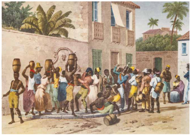 Nesta gravura, Rugendas retrata uma cena cotidiana de escravizados num chafariz. Mulheres e homens carregam barris e latões de água na cabeça. Muitos deles vendiam. | Gravura “Carregadores de Água” (1835) - Rugendas