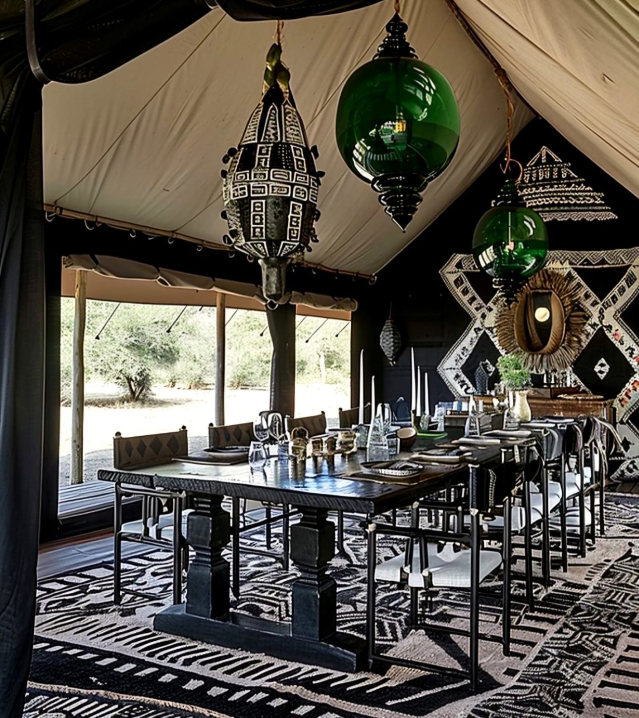Ornamentalismo- mistura de elementos como nessa imagem. Uma tend, ambienta o espaço para uma mesa de jantar. Lustres verdes em vidro dialogam com a decoração em preto e branco 