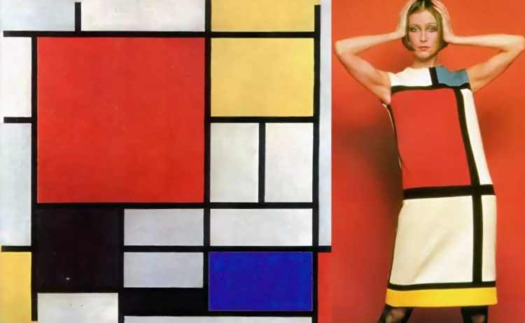 Yves Saint Laurent, inspirado pelo minimalismo das obras de Piet Mondrian, criou uma das peças mais replicadas da história da moda – o vestido quadriculado acima, feito em 1965, utilizando as linhas e palheta do famoso pintor nascido em 1872, considerado um dos maiores artistas do século XX.