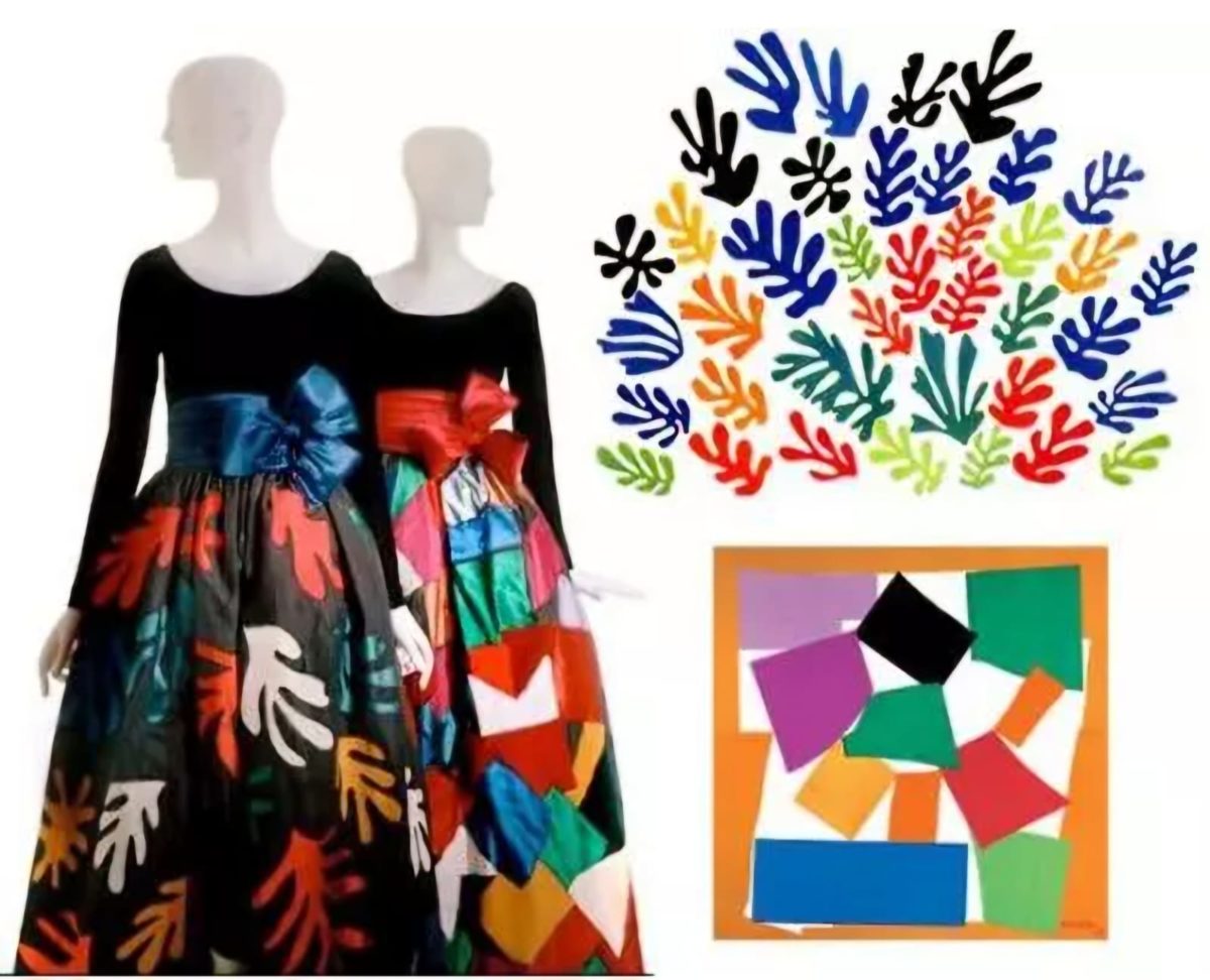 Arte e Moda. Yves Saint Laurent foi o estilista que mais prestou homenagens às Artes Plásticas – provavelmente devido ao seu gosto requintado e à paixão pela chamada bell´arte. Os quadros La Gerbe e L´Escargot, de Henri Matisse, foram o tema destes vestidos acima.