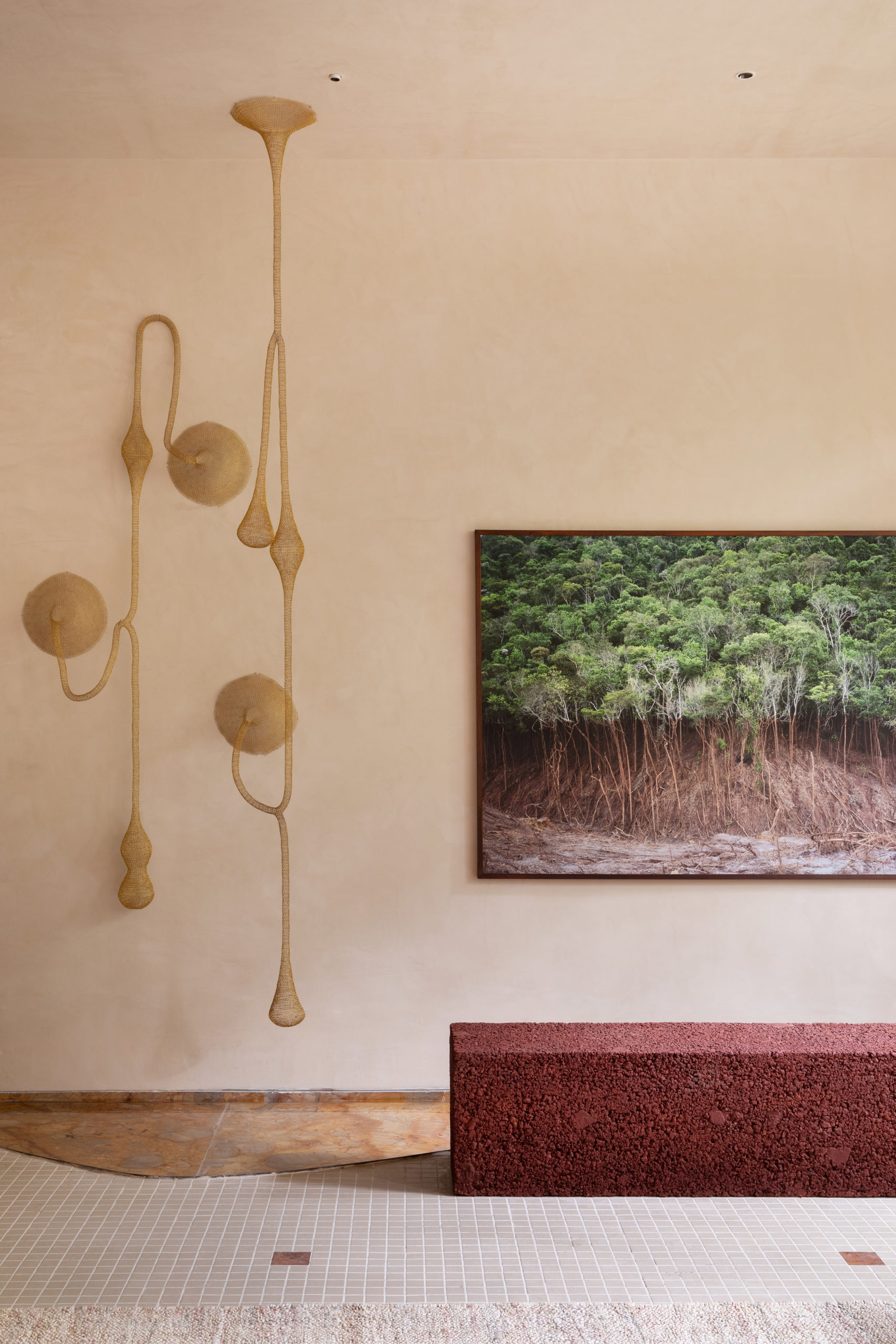 Escultura, espelho d'água piso e fotografia do desastre ambiental de Mariana, espaço se abre com um espelho d'água de forma orgânica que parece invadir a sala, revestido em Quartzito Appia, material de aparência manchado escolhido a dedo para representar a lama, a terra e a poluição.