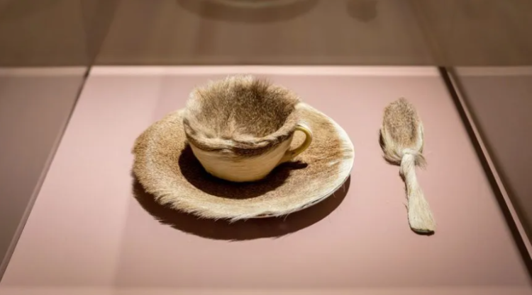 Objeto (ou Almoço em Pele ), de Meret Oppenheim. Em 1936, Oppenheim embrulhou uma xícara de chá, pires e colher em pele. 