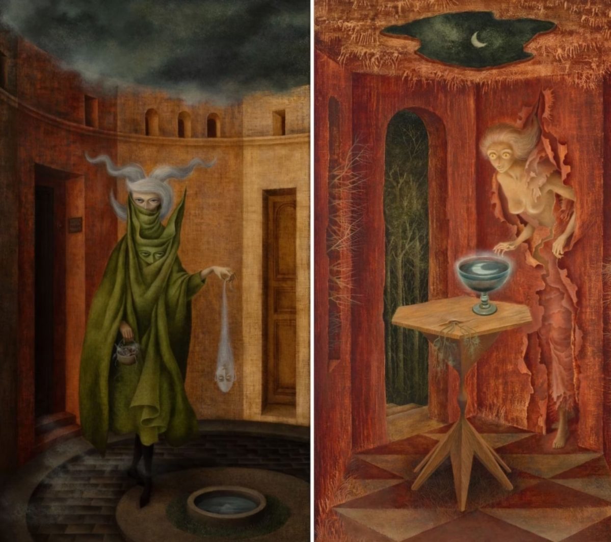 Obra surrealista da artista: Remedios Varo, “La Mujer salindo del psicoanalista (Podria ser Juliana”, 1960 / “Nacer de nuevo”, 1960