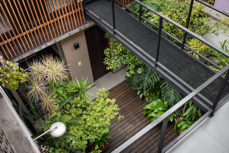 Vista de cima do jardim interno em uma casa de vila em SP