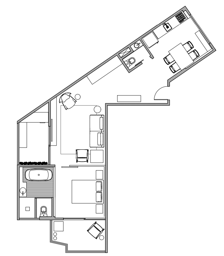 Planta baixa do apartamento no Leblon, uma planta dificil, recortada