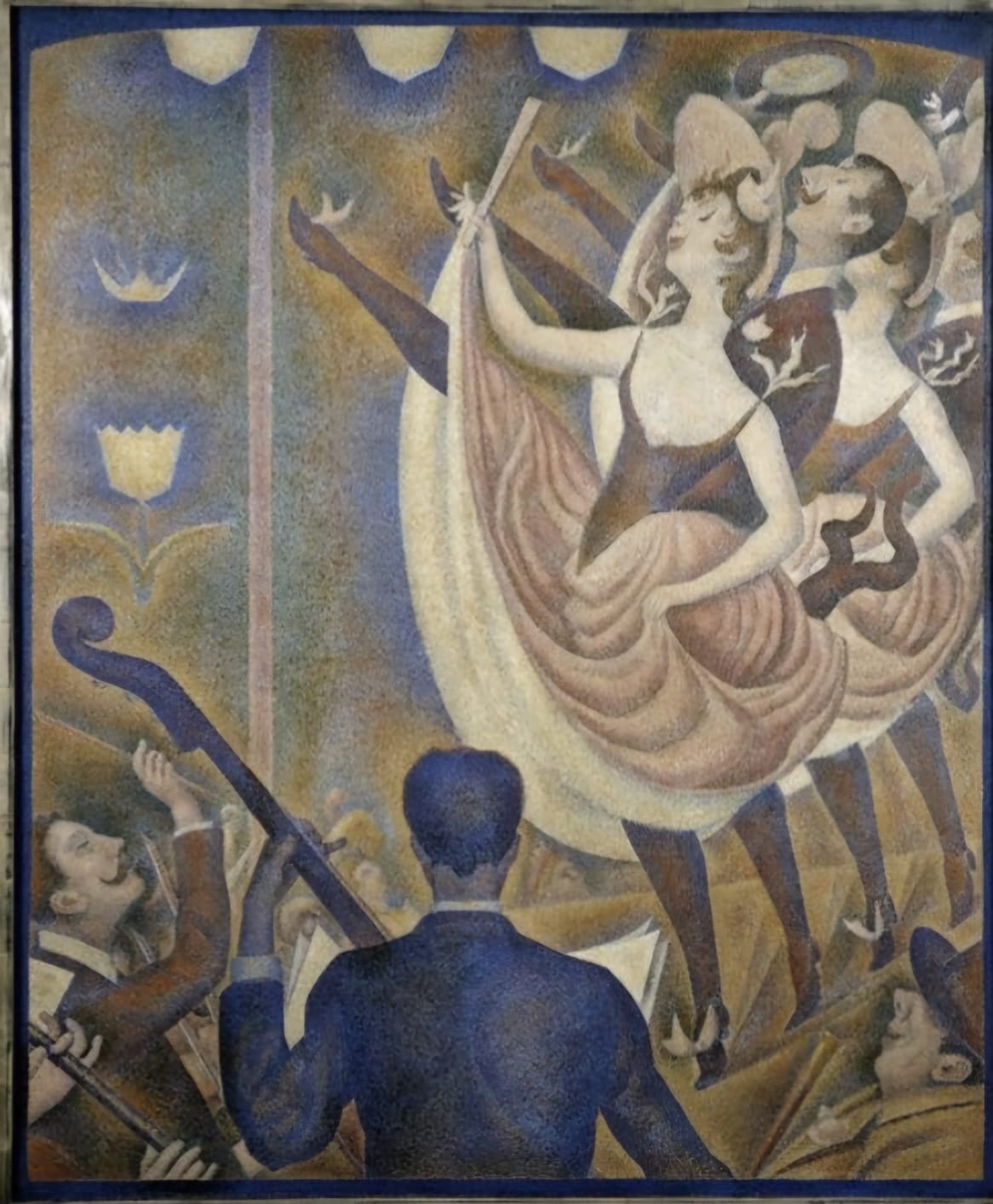 na foto uma obra de arte colorida com mulheres pintadas na tela e um homem tocando instrumento