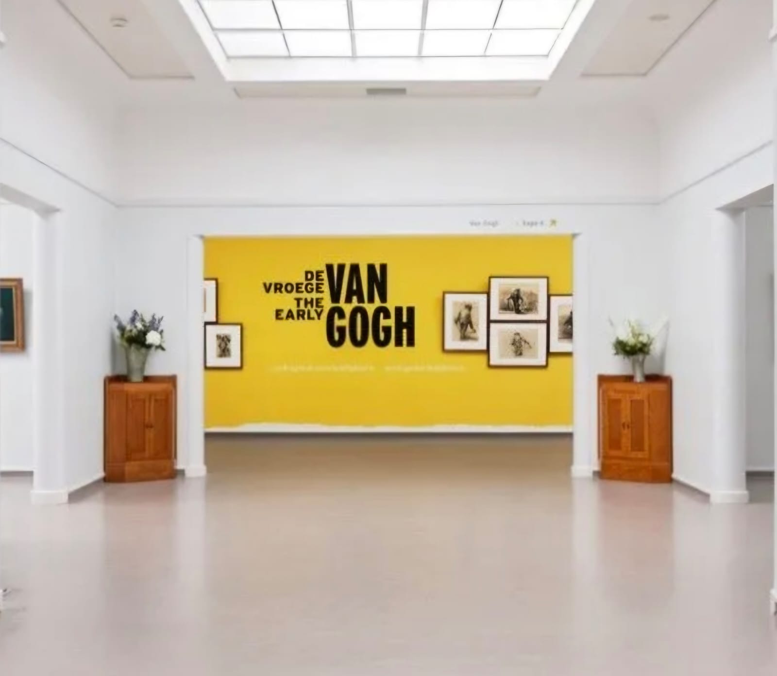 foto de um sala branca com um cartaz amarelo