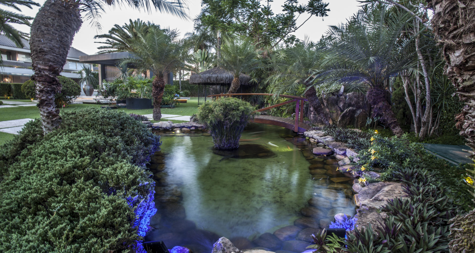 na foto um lago com pedras ao redor e muitas plantas e árvores
