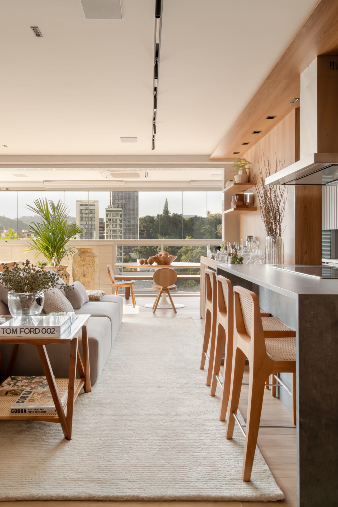 na foto vista para a varanda, bancada da cozinha e sofá