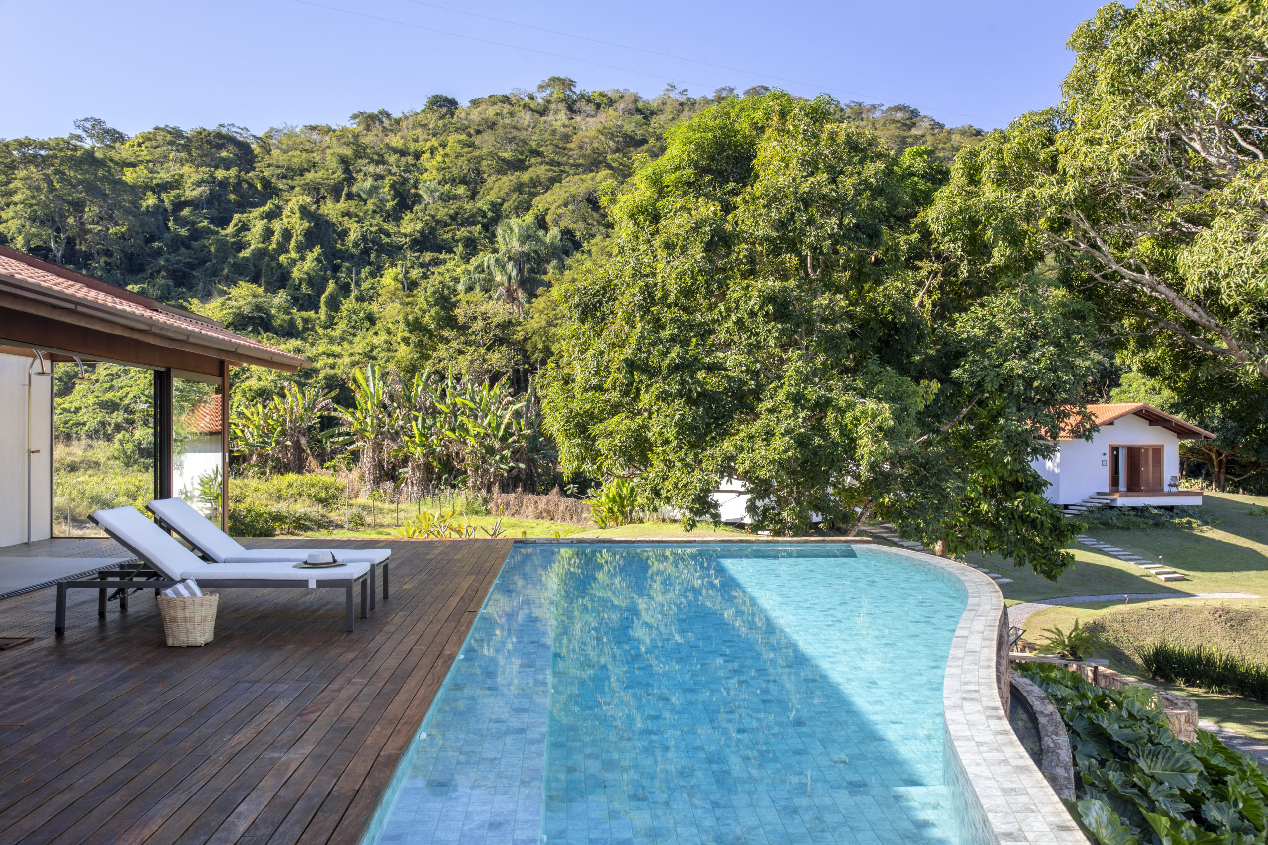 na foto área externa de uma casa com piscina e vista para árvores