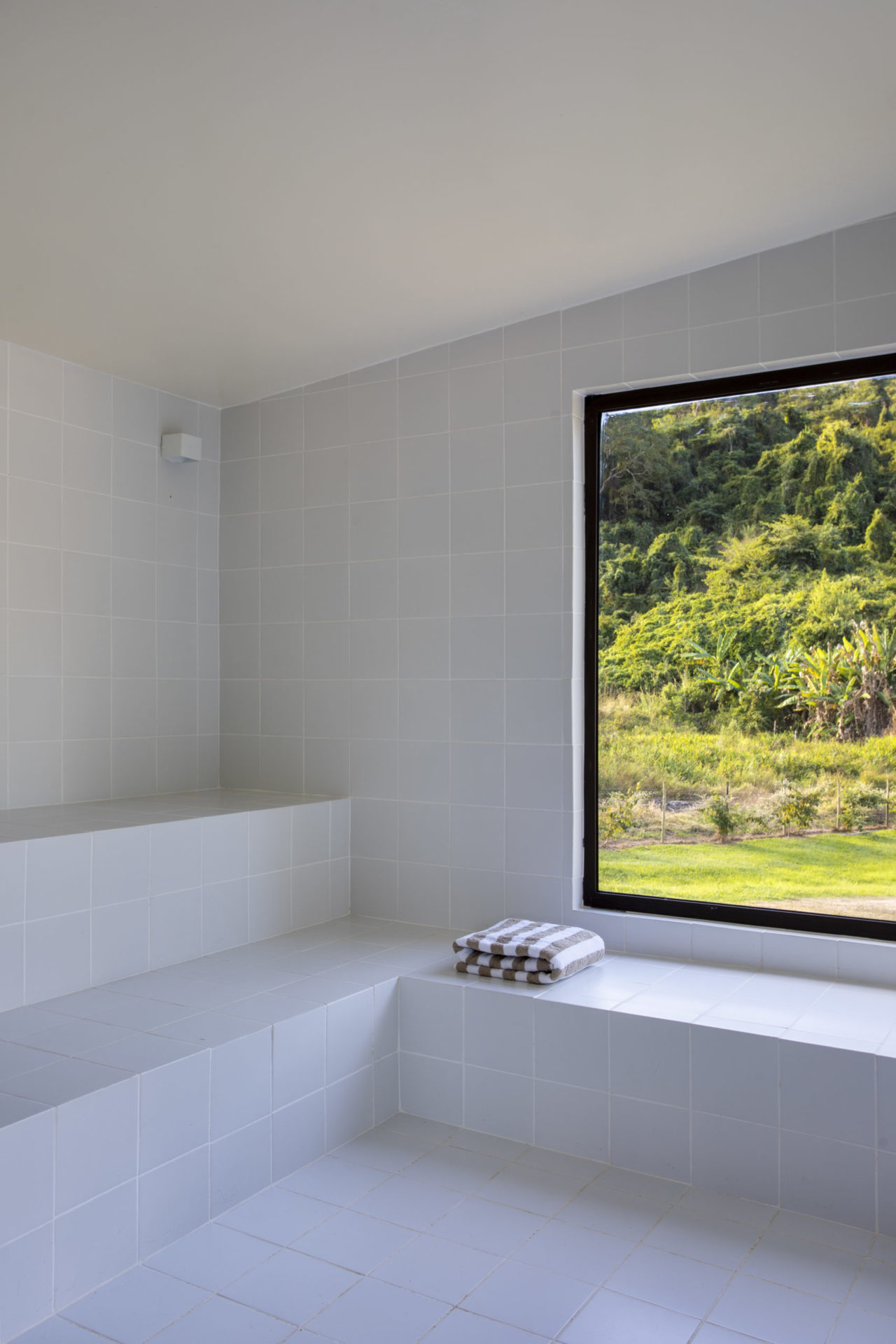 na foto imagem de uma sauna com janela com vista para o verde