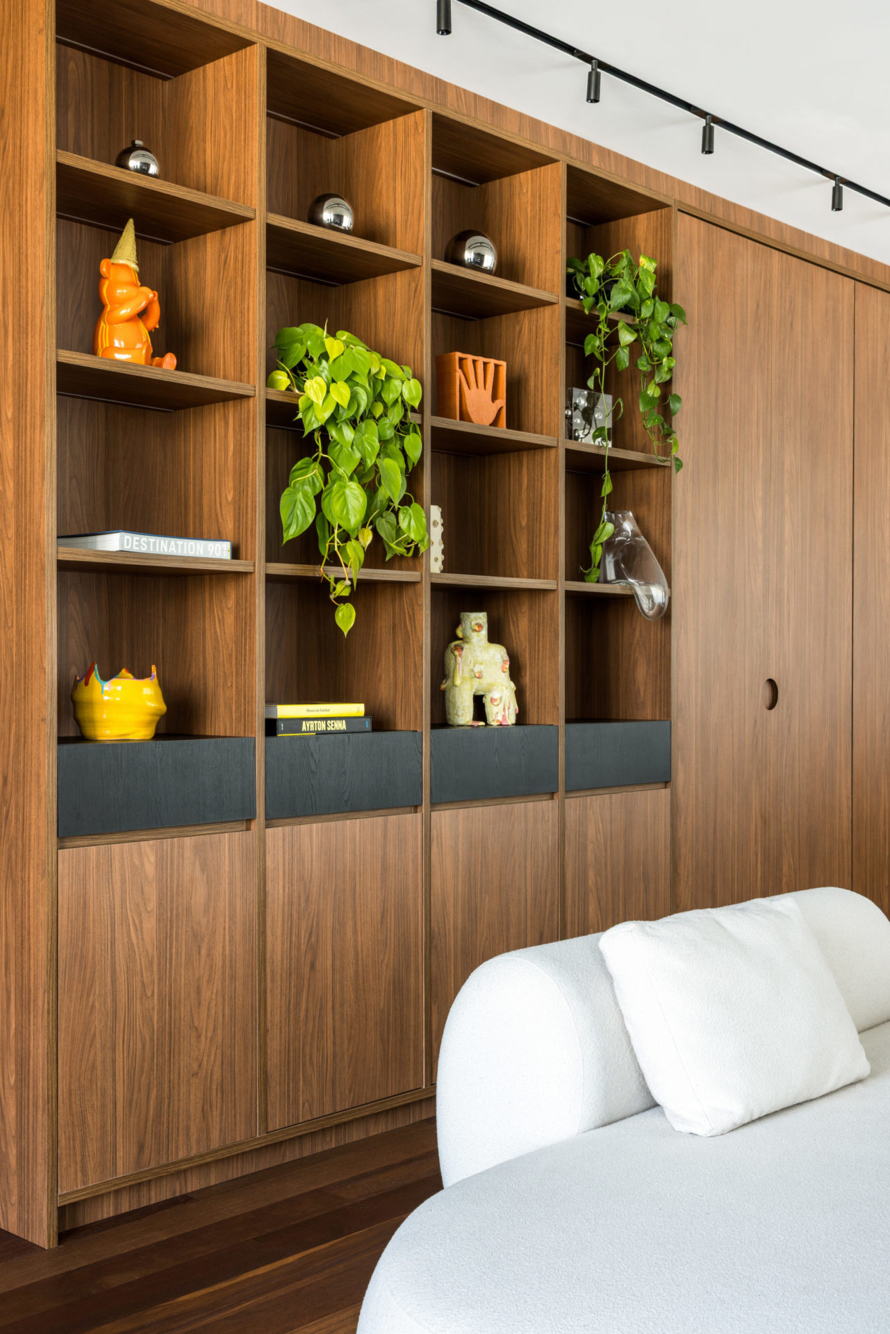 na foto sala com estante de madeira com plantas e objetos