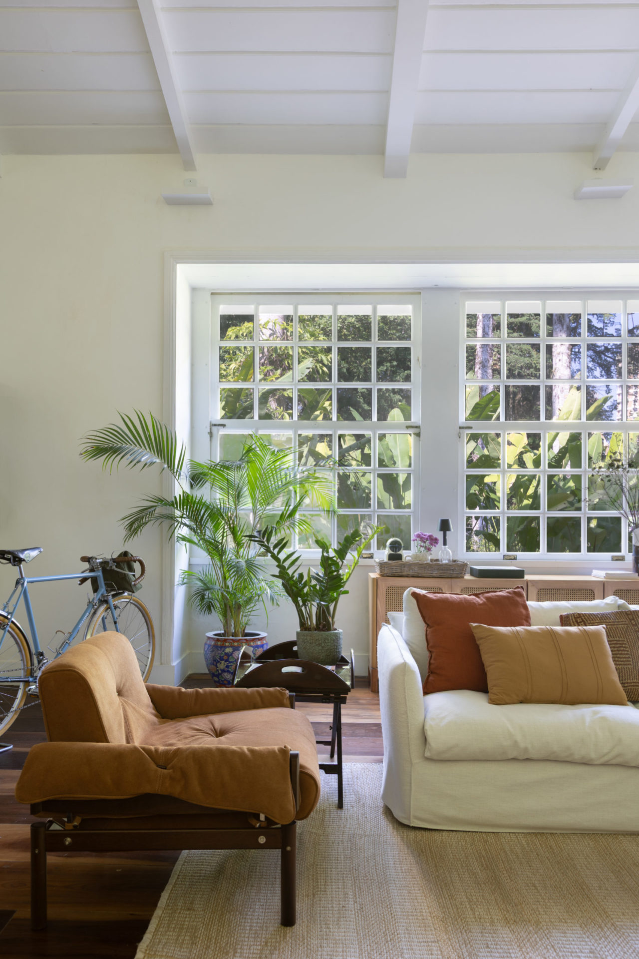 na foto sala com grande porta de vidro e uma bicicleta vintage azul e sofás