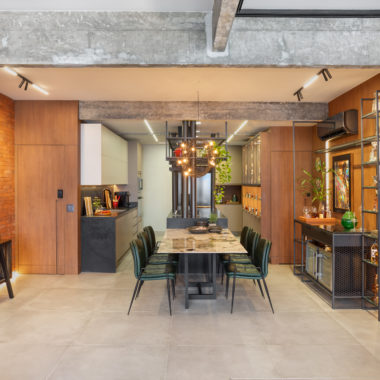 na foto sala de jantar, cozinha de loft com iluminação