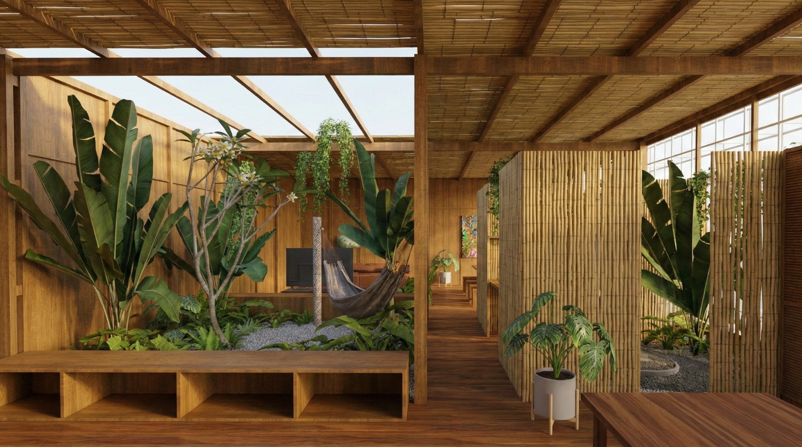 Na foto projeto de casa com jardim, varanda e redes