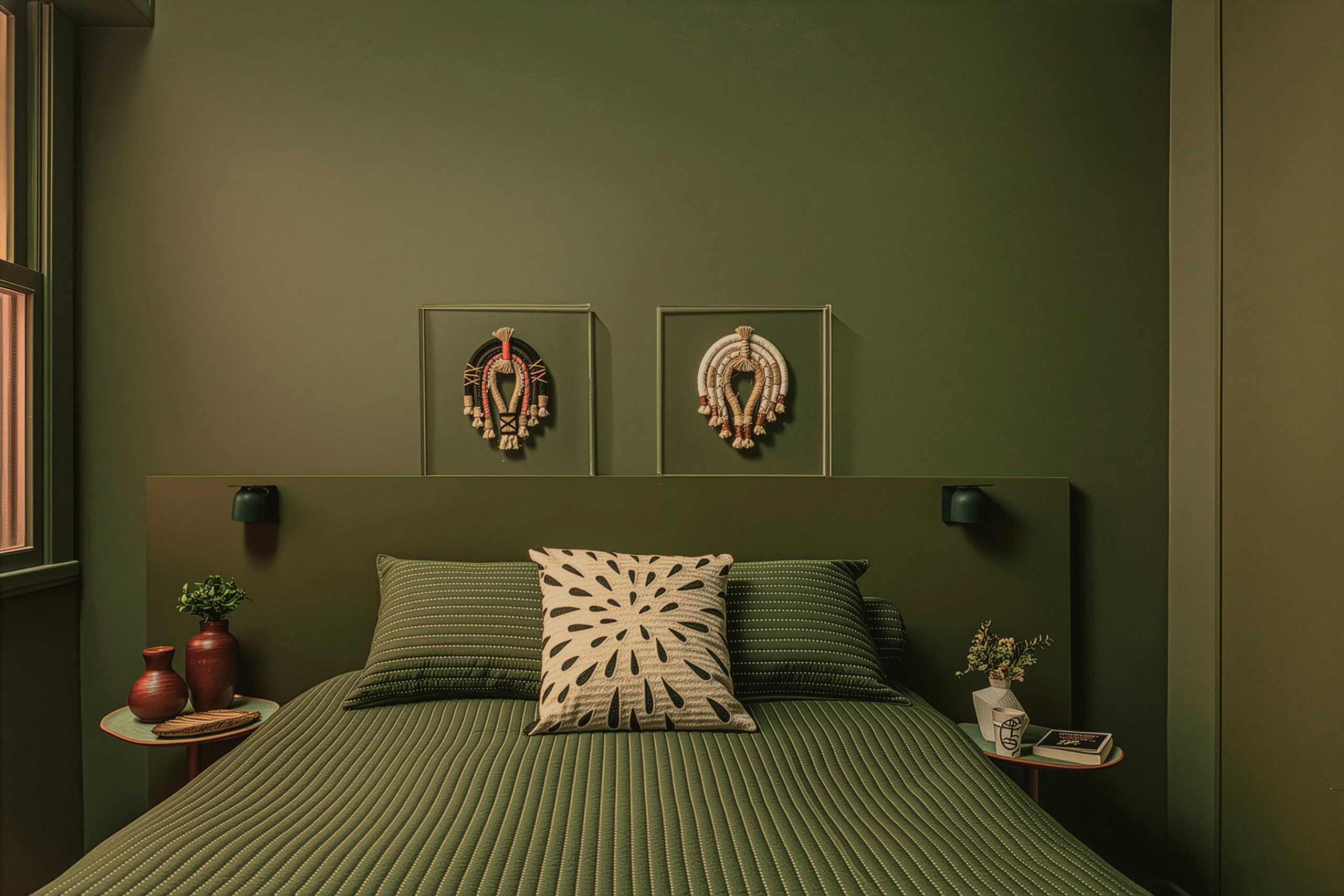 na foto quarto com cama de casal e todo na cor verde oliva