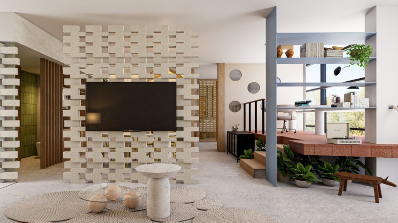 na foto cômodo com escritório e tv na parede