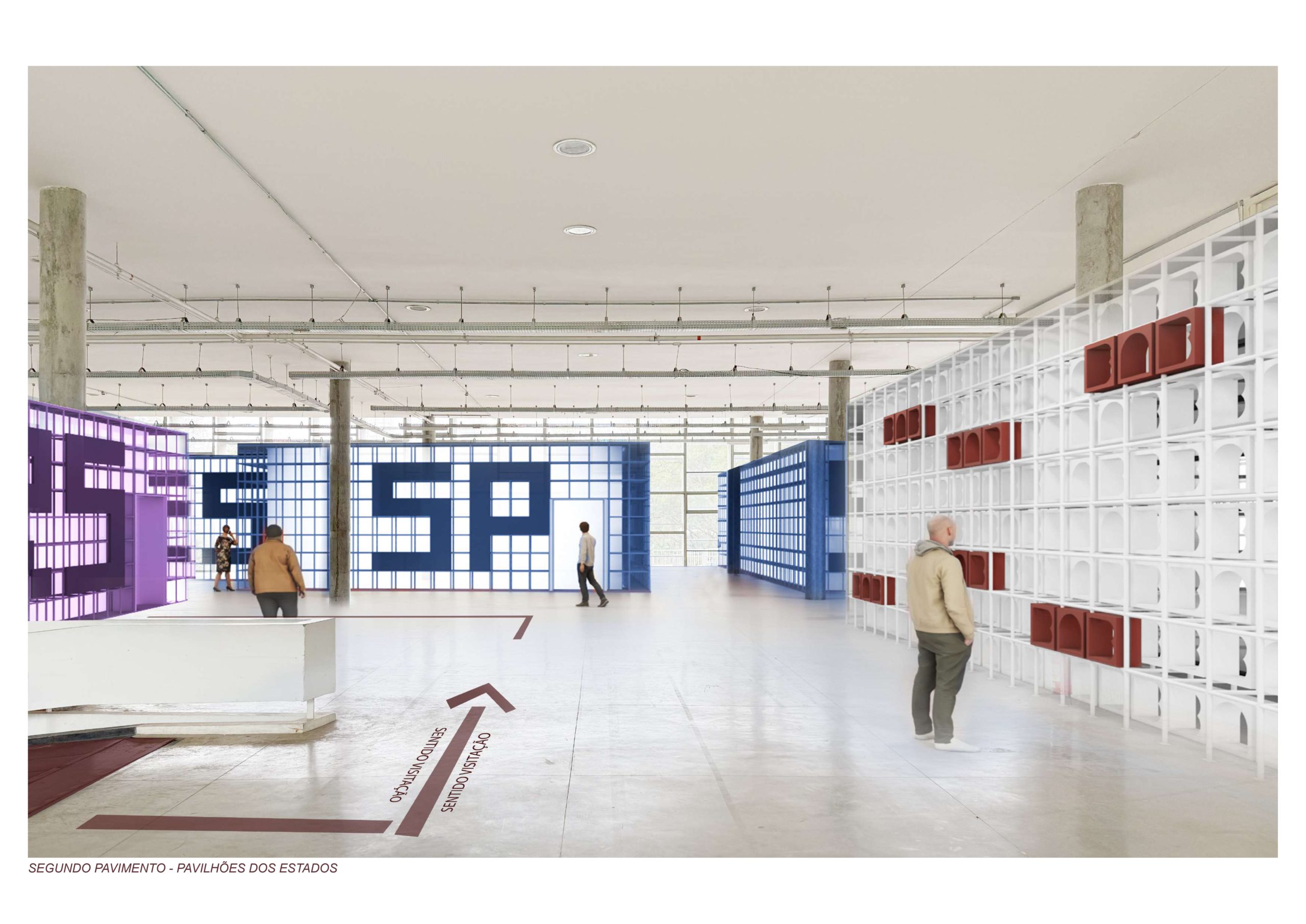 na foto um espaço para exposições com pessoas observando murais