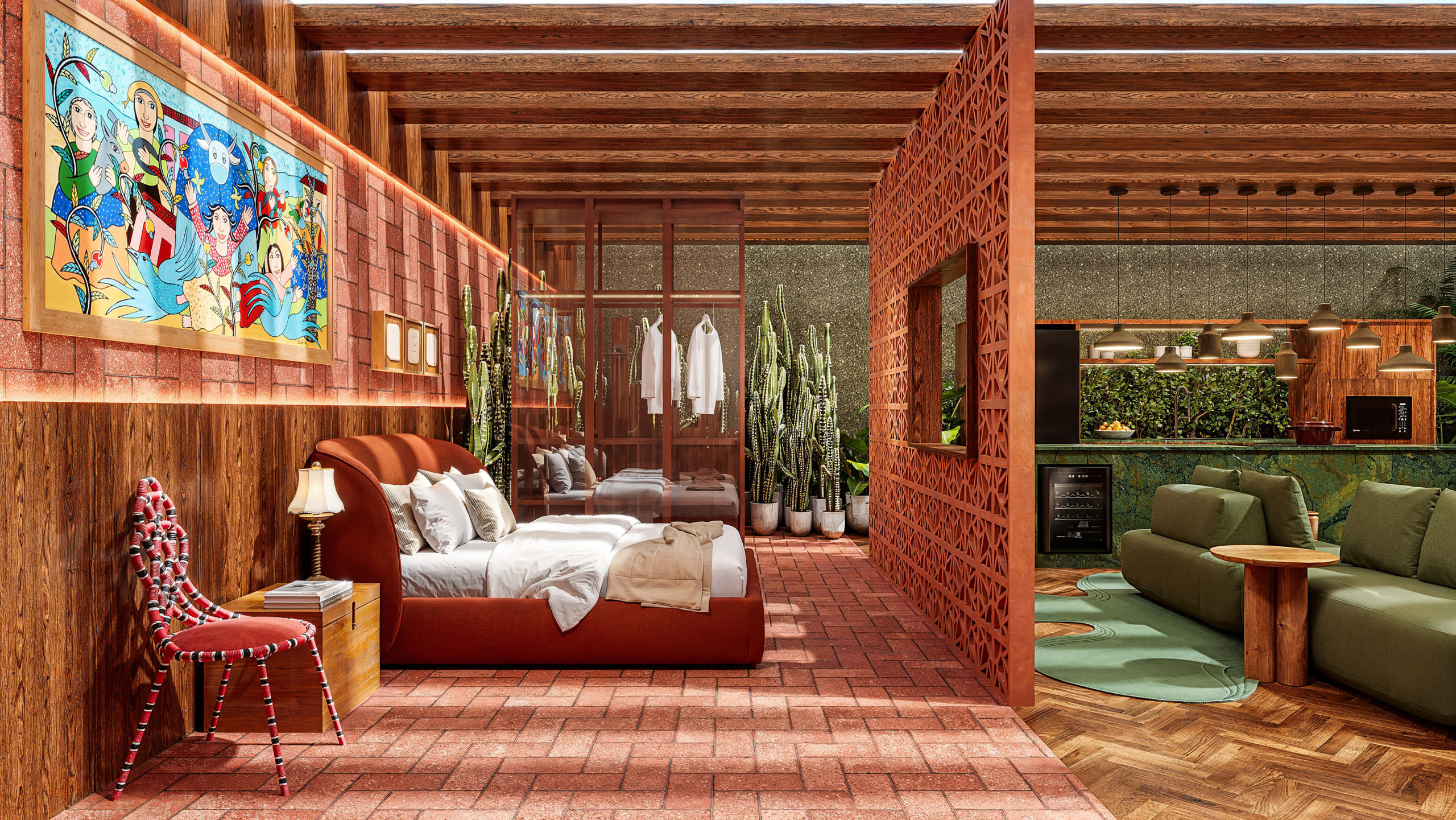 na foto dois cômodos de uma casa. de um lado um quarto e do outro uma sala