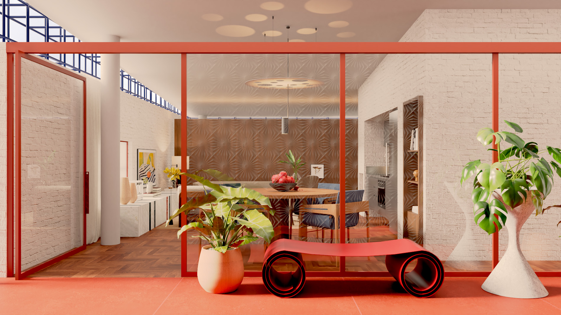 na foto sala de jantar, uma grande porta de vidro, dois vasos com plantas e um banco