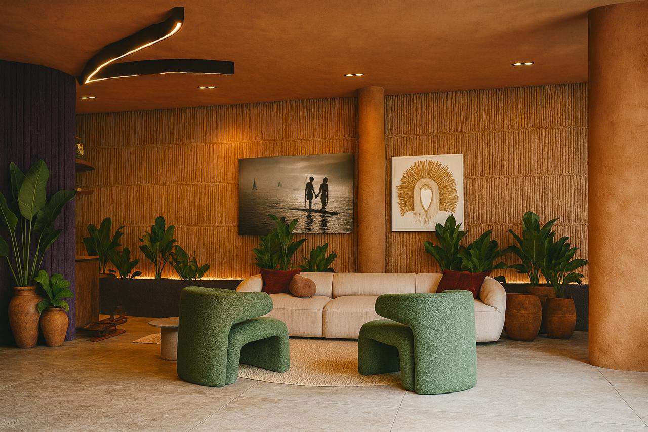 na foto cômodo de uma casa com poltronas, sofá, quadros e ventilador de teto