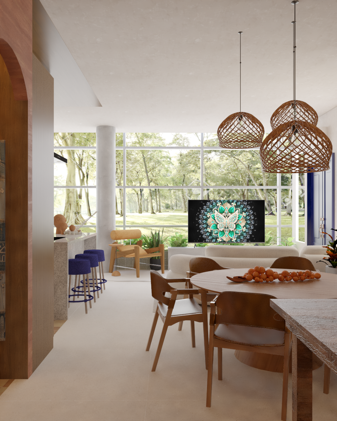 na foto sala com mesa e varanda