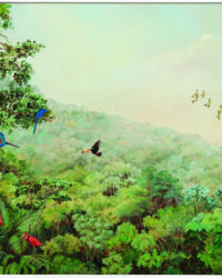 na imagem obra de arte que retrata uma floresta e pássaros nativos brasileiros voando