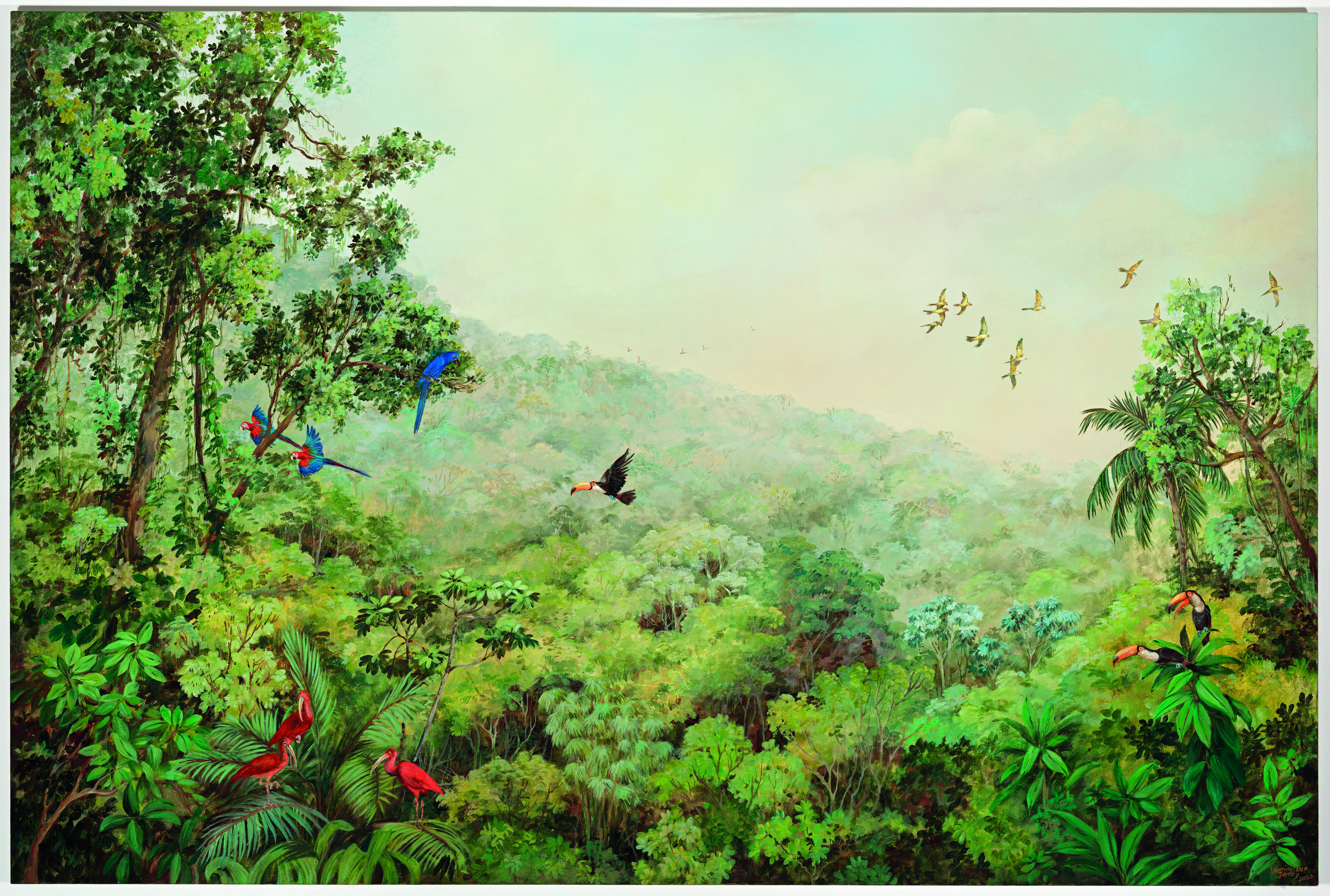 na imagem obra de arte que retrata uma floresta e pássaros nativos brasileiros voando