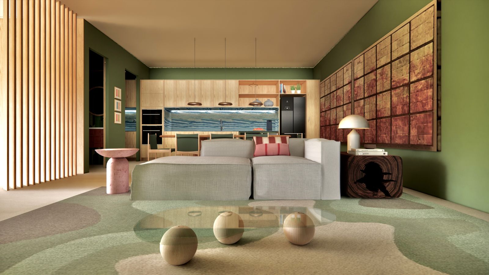 na foto uma sala de estar e cozinha americana