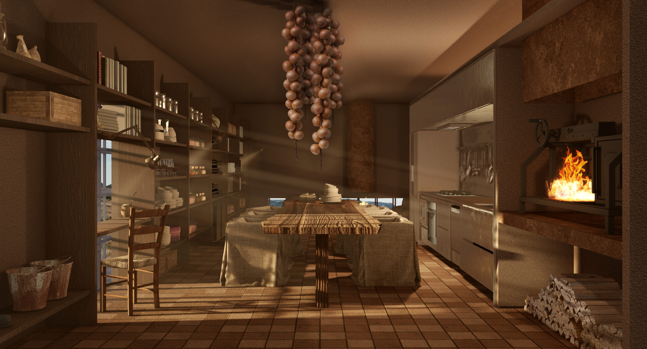 na foto cozinha com as predes em cimento queimado