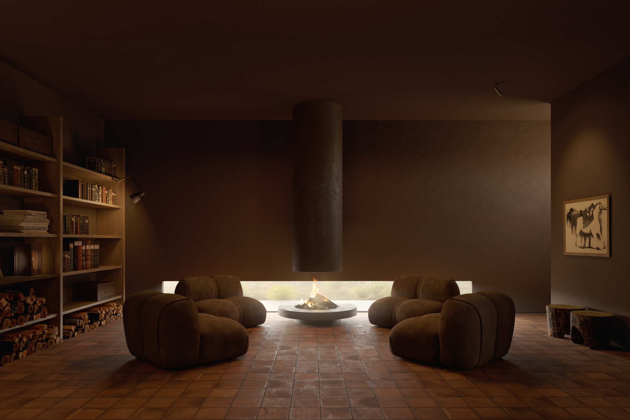 na foto sala com quatro poltronas, uma mesinha de centro e uma estante