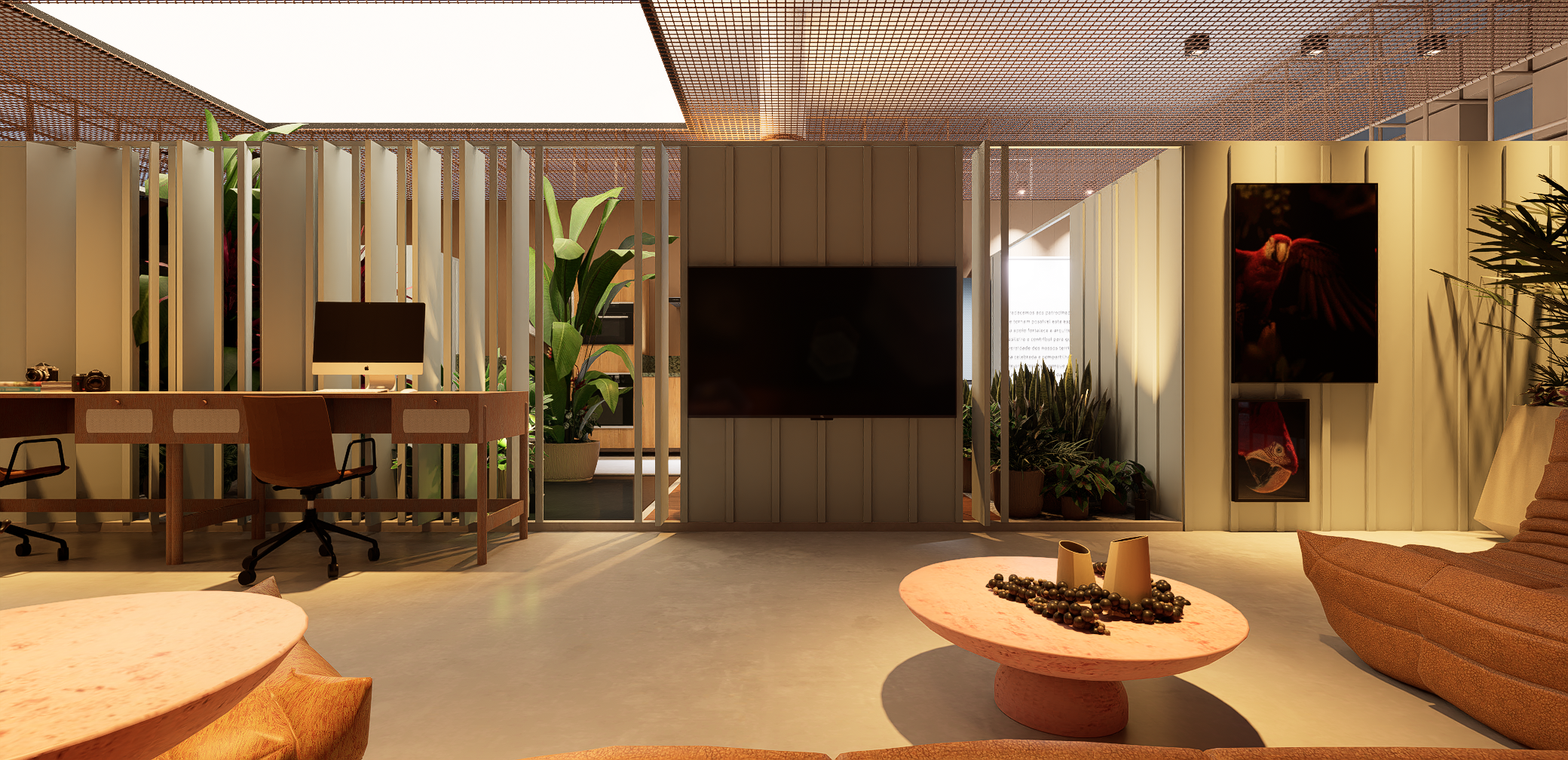 na foto cômodo com sala de tv e escritório