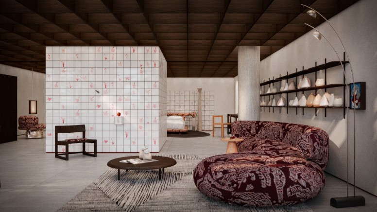 na foto poltronas na cor roxa, mesinha de centro e parede branca