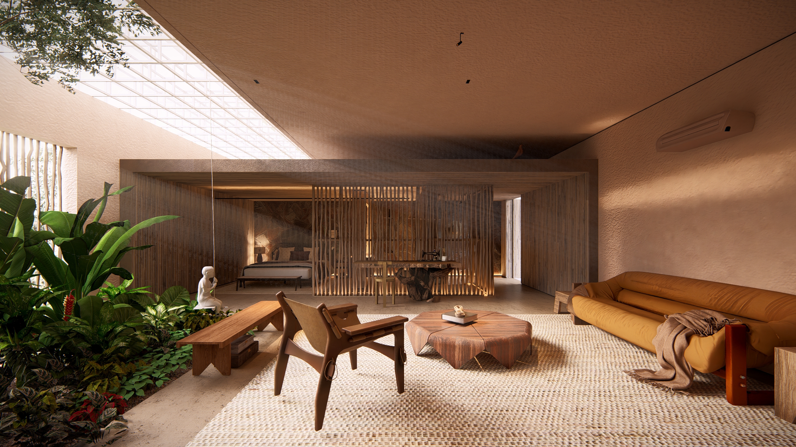 na foto sala de estar com jardim de inverno e claraboia