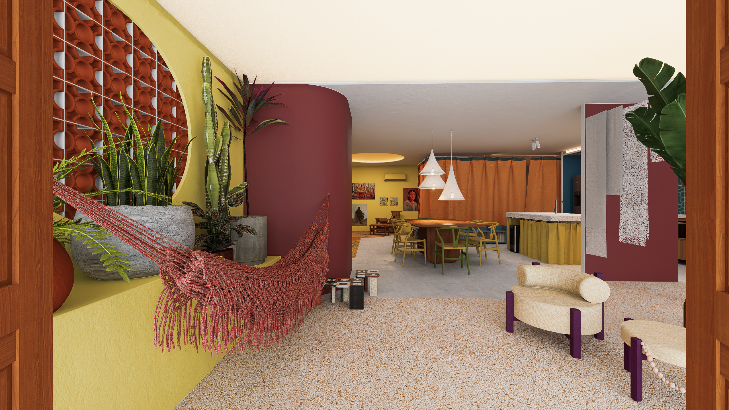 na foto cômodos de uma casa com mesinhas e redes