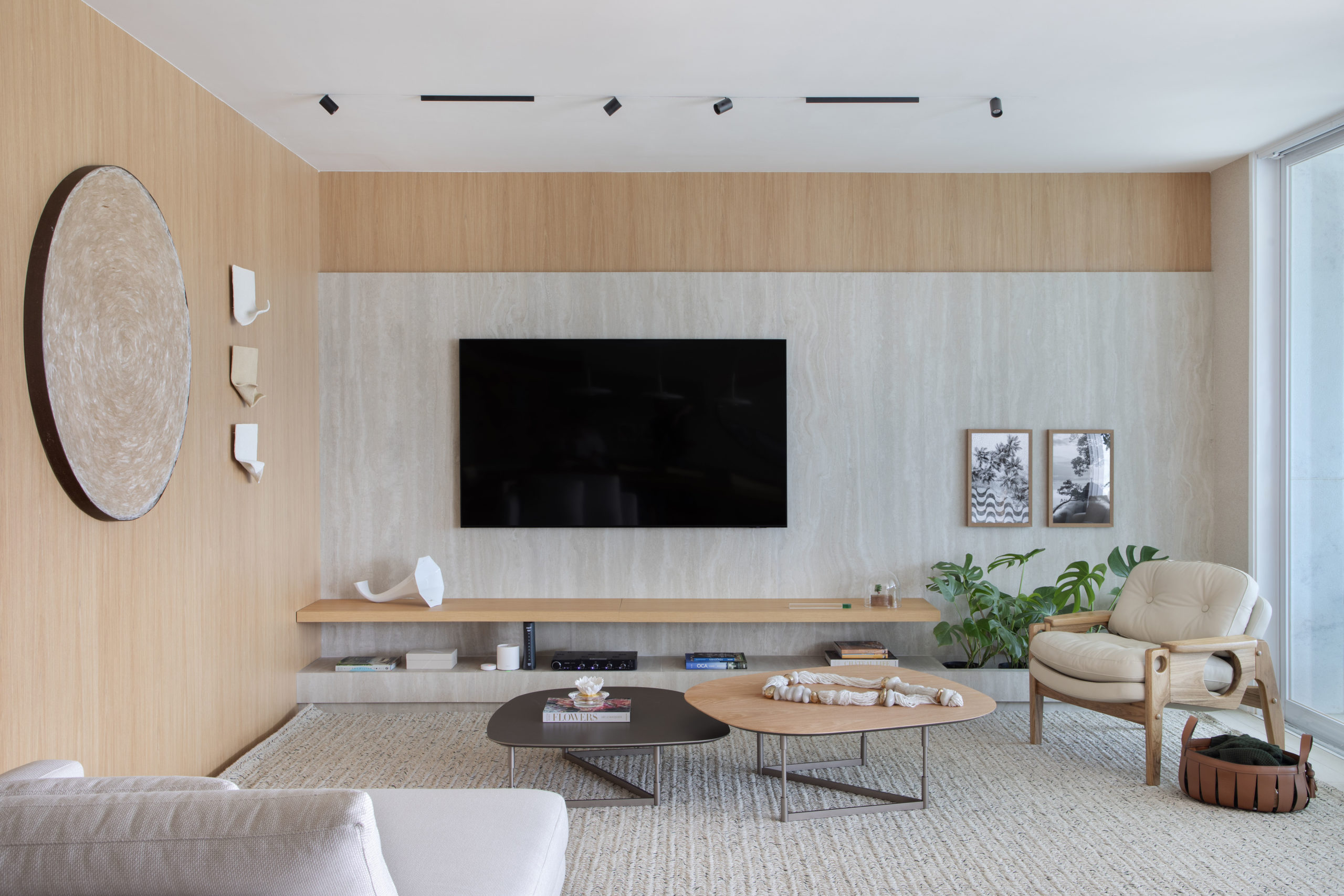 na foto sala de estar com TV e tapete off-white