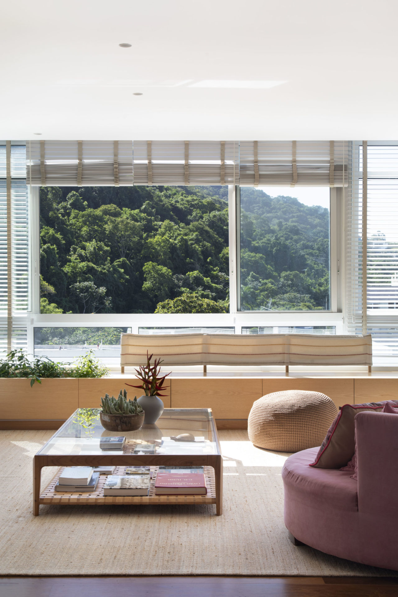 na foto sala com janela aberta e persiana levantada