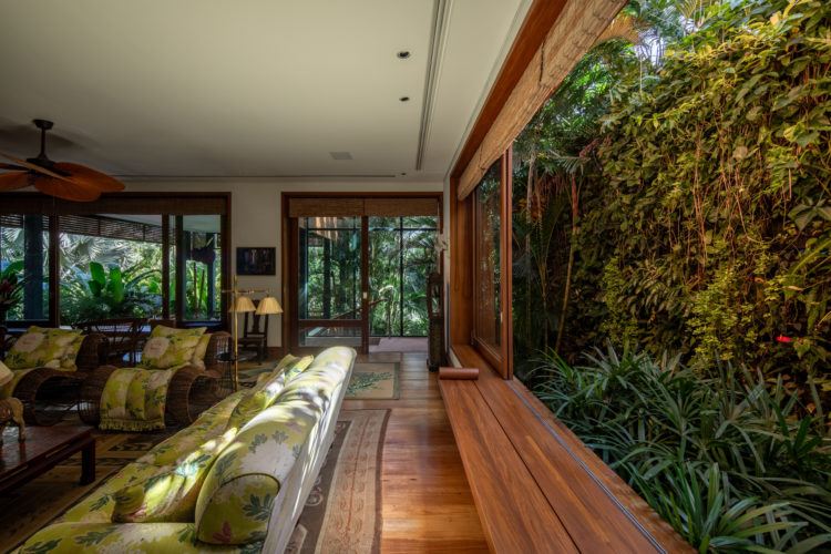 Sala generosa, bem clara, com luz natural. Uma janela grande com uma parede verde ao fundo